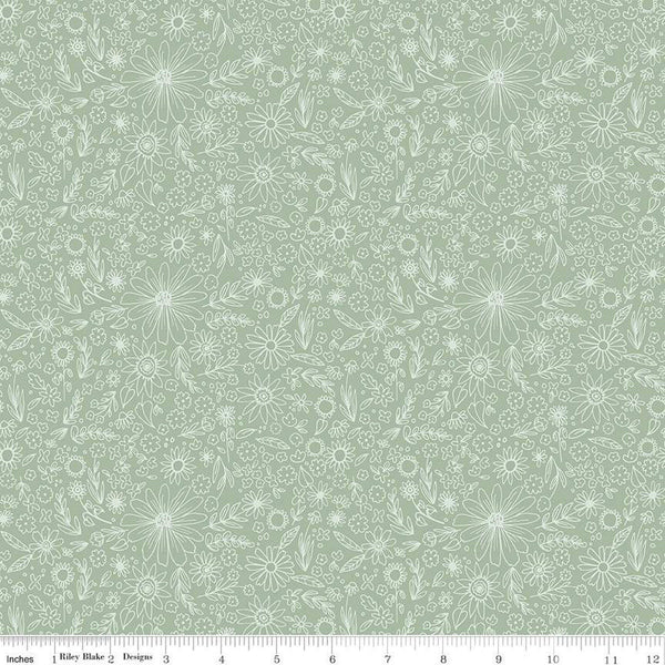10" End of Bolt - Homemade Outlined Flowers C13722 Sage by Riley Blake Designs - Floral - Quilting Cotton Fabric