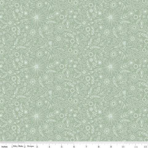 10" End of Bolt - Homemade Outlined Flowers C13722 Sage by Riley Blake Designs - Floral - Quilting Cotton Fabric