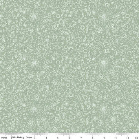 10" End of Bolt - Homemade Outlined Flowers C13722 Sage by Riley Blake Designs - Floral - Quilting Cotton Fabric