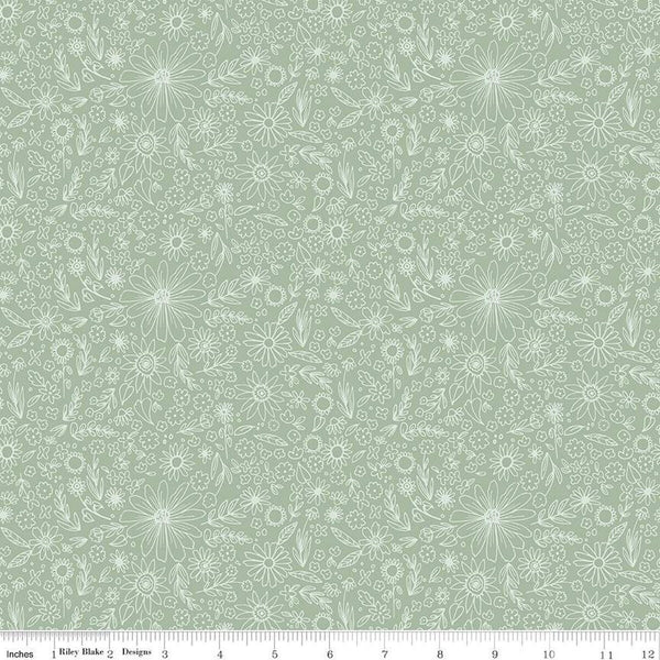 Homemade Outlined Flowers C13722 Sage by Riley Blake Designs - Floral - Quilting Cotton Fabric