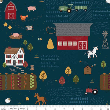Fat Quarter End of Bolt - Country Life Main C13790 Evening - Riley Blake Designs - Farm Animals Barns Tractors - Quilting Cotton Fabric