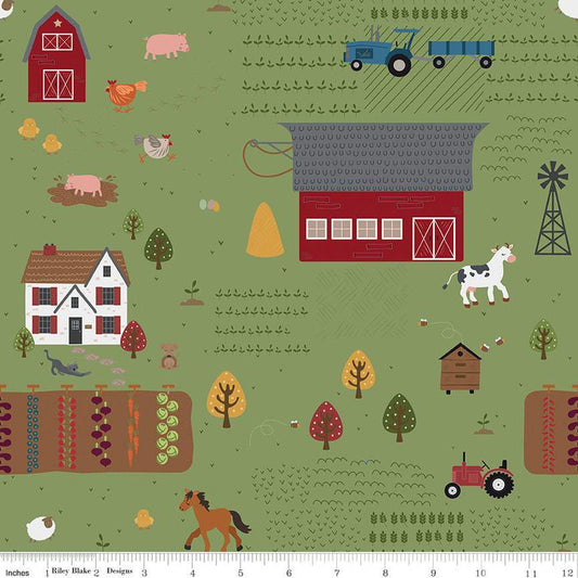 11" End of Bolt - SALE Country Life Main C13790 Grass - Riley Blake Designs - Farm Animals Barns Tractors - Quilting Cotton Fabric