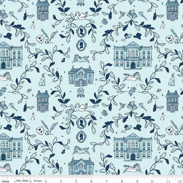 SALE Pride & Prejudice Pemberley C13770 Blue - Riley Blake Designs - Jane Austen Houses - Quilting Cotton Fabric - Licensed Product