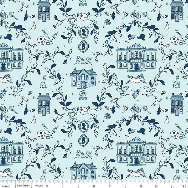 SALE Pride and Prejudice Pemberley C13770 Blue - Riley Blake Designs - Jane Austen Houses Animals Leaves - Quilting Cotton Fabric