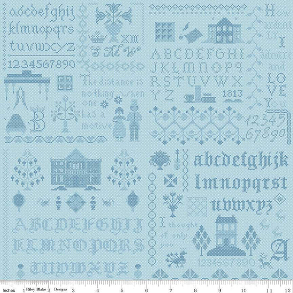 SALE Pride and Prejudice Meryton Sampler C13786 Blue - Riley Blake Designs - Jane Austen Text Sayings - Quilting Cotton Fabric