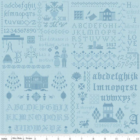 SALE Pride and Prejudice Meryton Sampler C13786 Blue - Riley Blake Designs - Jane Austen Text Sayings - Quilting Cotton Fabric