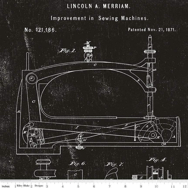 SALE Sew Journal Sewing Machine Patent PANEL C13887 Black by Riley Blake - J. Wecker Frisch - Quilting Cotton Fabric - 12 inch repeat