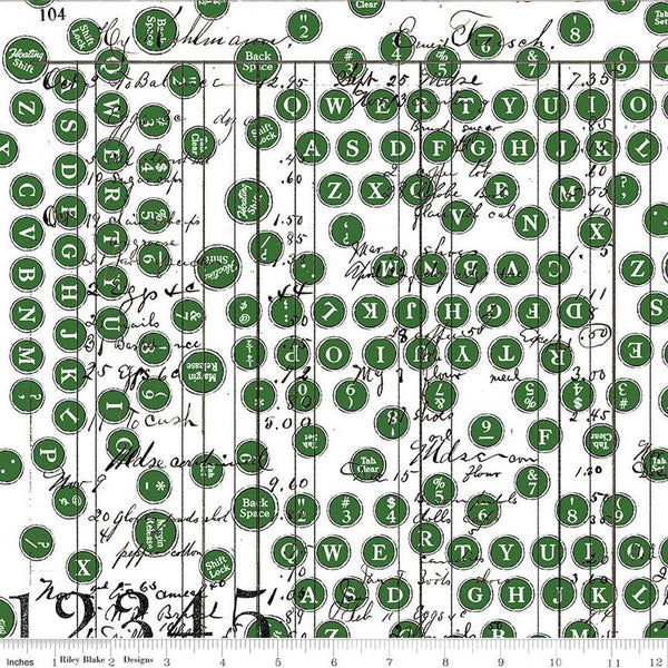 CLEARANCE Sew Journal Deconstructed Type C13893 Green by Riley Blake - Typewriter Buttons Text - J. Wecker Frisch - Quilting Cotton Fabric