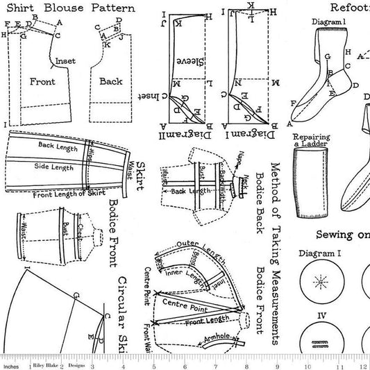 SALE Sew Journal Needlecraft C13896 White - Riley Blake Designs - Sewing Outlined Pattern Pieces - J. Wecker Frisch - Quilting Cotton Fabric