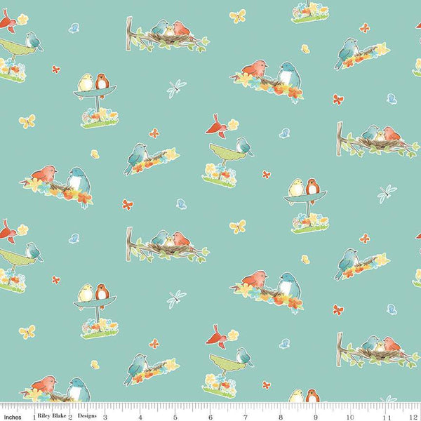 31" End of Bolt - Happy at Home Vignettes C13701 Aqua - Riley Blake Designs - Birds Butterflies Dragonflies - Quilting Cotton Fabric