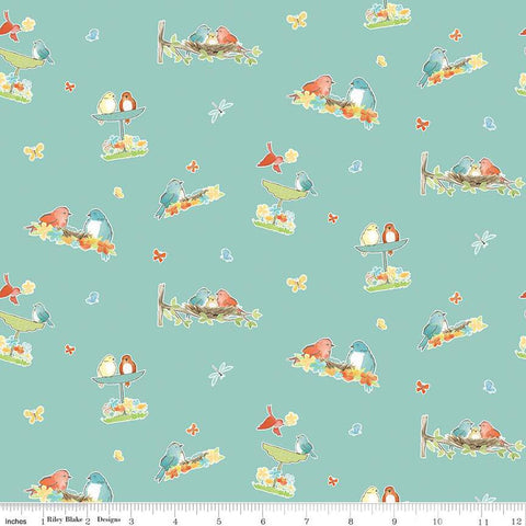 Happy at Home Vignettes C13701 Aqua - Riley Blake Designs - Birds Butterflies Dragonflies - Quilting Cotton Fabric