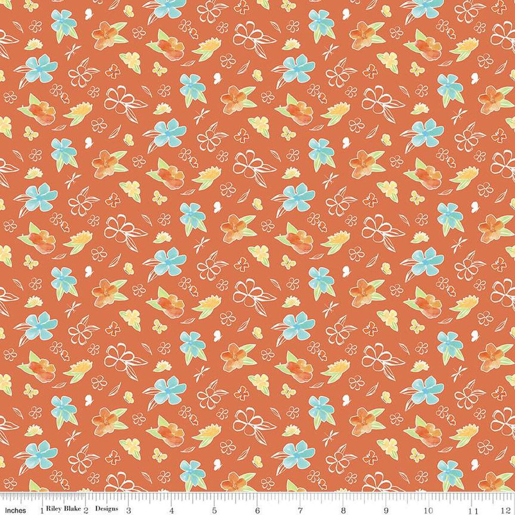 SALE Happy at Home Flowers C13702 Salmon - Riley Blake Designs - Floral Butterflies Dragonflies - Quilting Cotton Fabric