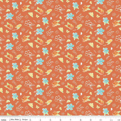 SALE Happy at Home Flowers C13702 Salmon - Riley Blake Designs - Floral Butterflies Dragonflies - Quilting Cotton Fabric