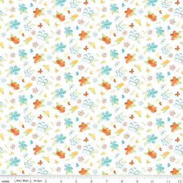 CLEARANCE Happy at Home Flowers C13702 White - Riley Blake Designs - Floral Butterflies Dragonflies - Quilting Cotton Fabric
