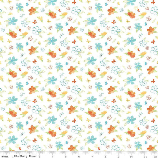 CLEARANCE Happy at Home Flowers C13702 White - Riley Blake Designs - Floral Butterflies Dragonflies - Quilting Cotton Fabric