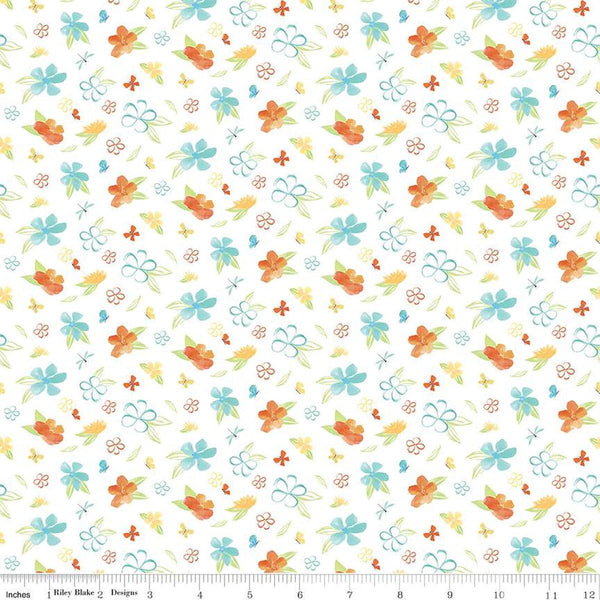 SALE Happy at Home Flowers C13702 White - Riley Blake Designs - Floral Butterflies Dragonflies - Quilting Cotton Fabric