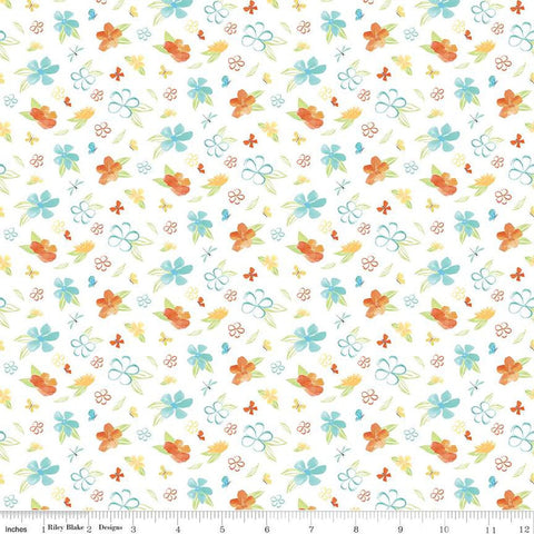 SALE Happy at Home Flowers C13702 White - Riley Blake Designs - Floral Butterflies Dragonflies - Quilting Cotton Fabric