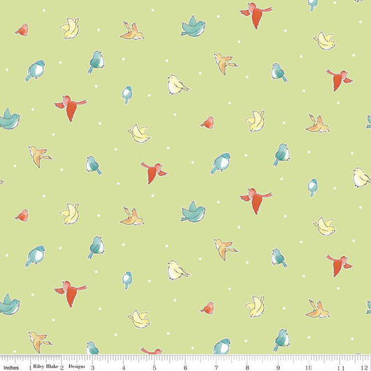 SALE Happy at Home Birds C13703 Lime - Riley Blake Designs - Bird Birds Dots - Quilting Cotton Fabric