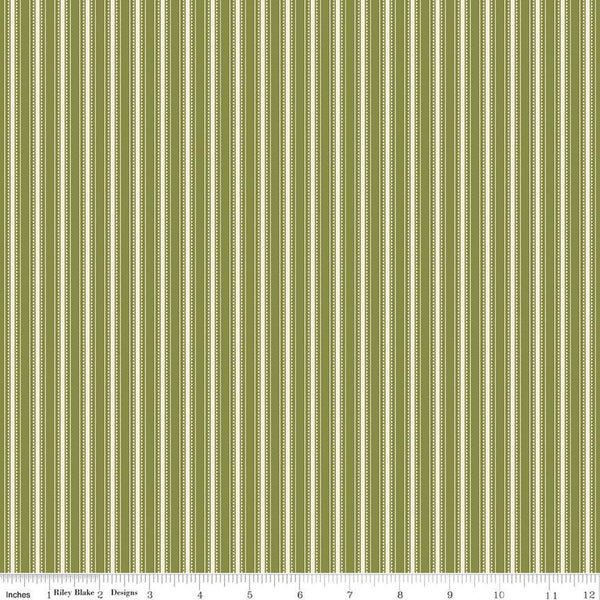 Bellissimo Gardens Stripe C13834 Green by Riley Blake Designs - Ticking Stripes Striped Cream Green - Quilting Cotton Fabric