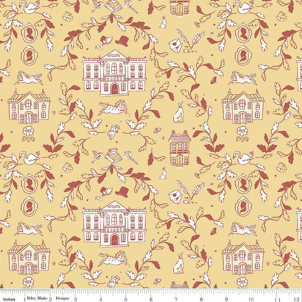 SALE Pride and Prejudice Pemberley C13770 Yellow - Riley Blake Designs - Jane Austen Houses Animals Leaves - Quilting Cotton Fabric
