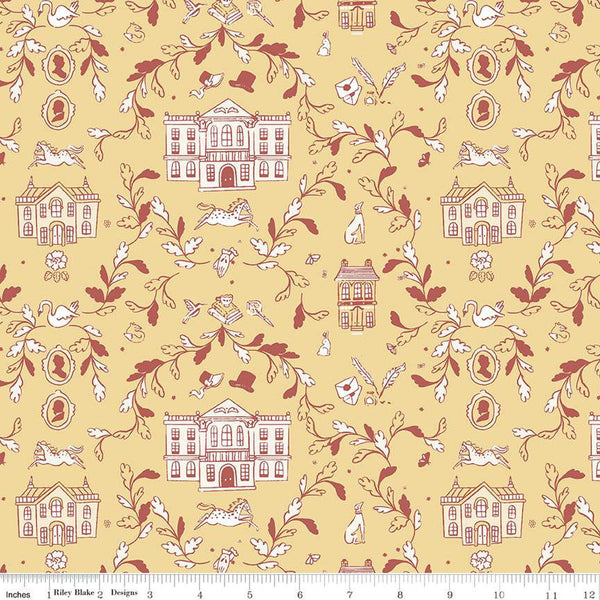 SALE Pride and Prejudice Pemberley C13770 Yellow - Riley Blake Designs - Jane Austen Houses Animals Leaves - Quilting Cotton Fabric