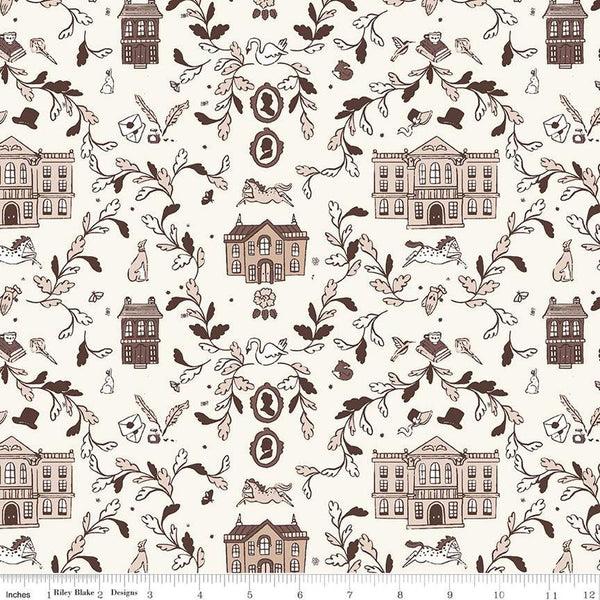 Pride and Prejudice Pemberley C13770 Cream - Riley Blake Designs - Jane Austen Houses Animals - Quilting Cotton Fabric - Licensed Product