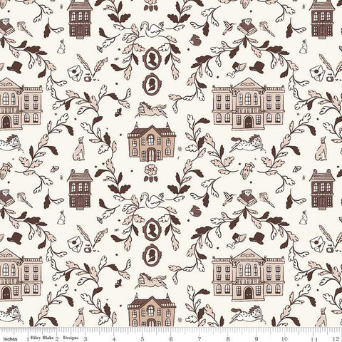 Pride and Prejudice Pemberley C13770 Cream - Riley Blake Designs - Jane Austen Houses Animals Leaves - Quilting Cotton Fabric