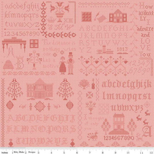 SALE Pride & Prejudice Meryton Sampler C13786 Coral - Riley Blake Designs - Jane Austen Text - Quilting Cotton Fabric - Licensed Product