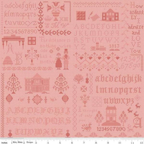 SALE Pride and Prejudice Meryton Sampler C13786 Coral - Riley Blake Designs - Jane Austen Text Sayings - Quilting Cotton Fabric