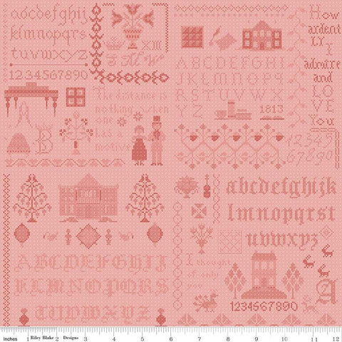 Pride and Prejudice Meryton Sampler C13786 Coral - Riley Blake Designs - Jane Austen Text - Quilting Cotton Fabric - Licensed Product