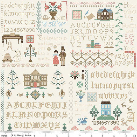 SALE Pride & Prejudice Meryton Sampler Multi Cream Jane Austen Text Fabric C13786 - Riley Blake Quilting Cotton Fabric