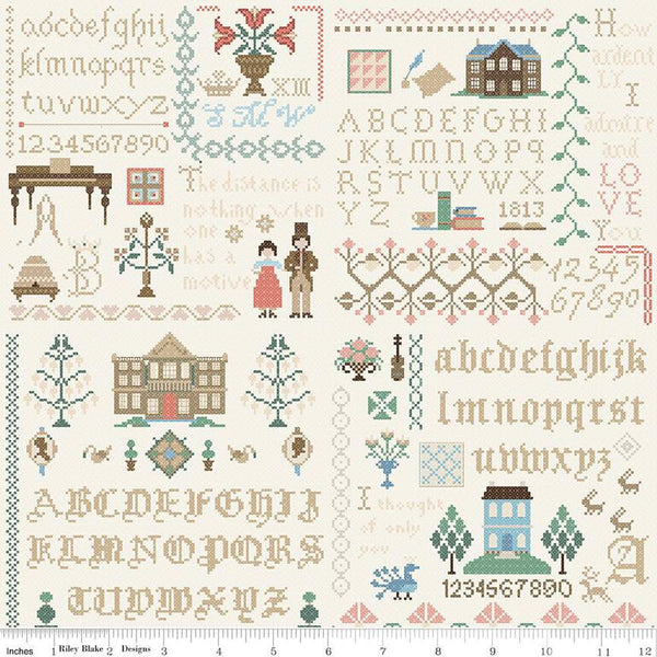 Pride and Prejudice Meryton Sampler C13786 Multi - Riley Blake Designs - Jane Austen Text Sayings Cream - Quilting Cotton Fabric