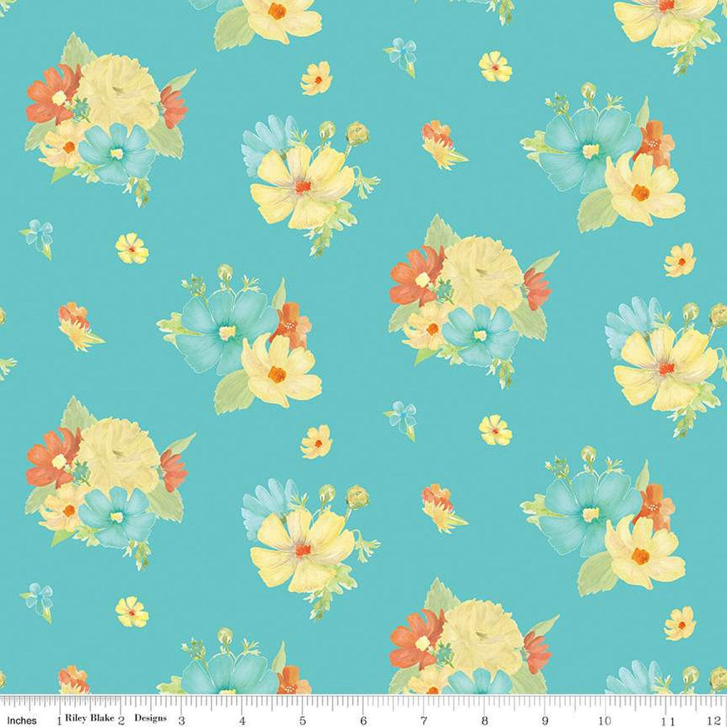 SALE Happy at Home Main C13700 Aqua by Riley Blake Designs - Floral Flowers - Quilting Cotton Fabric