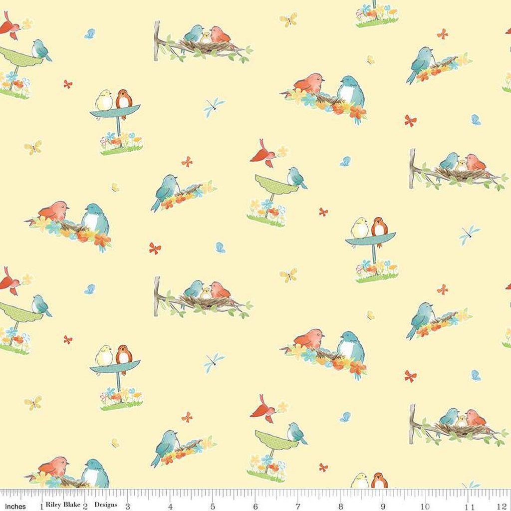CLEARANCE Happy at Home Vignettes C13701 Lemon by Riley Blake  - Birds Butterflies Dragonflies - Quilting Cotton