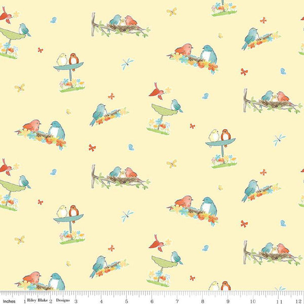 16" End of Bolt - CLEARANCE Happy at Home Vignettes C13701 Lemon by Riley Blake  - Birds Butterflies Dragonflies - Quilting Cotton