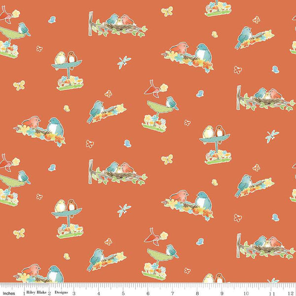 CLEARANCE Happy at Home Vignettes C13701 Salmon by Riley Blake  - Birds Butterflies Dragonflies - Quilting Cotton