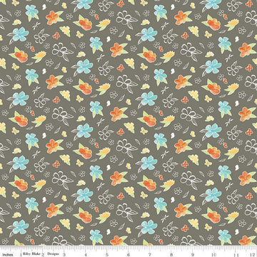 SALE Happy at Home Flowers C13702 Gray - Riley Blake Designs - Floral Butterflies Dragonflies - Quilting Cotton Fabric
