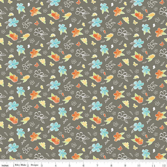 SALE Happy at Home Flowers C13702 Gray - Riley Blake Designs - Floral Butterflies Dragonflies - Quilting Cotton Fabric