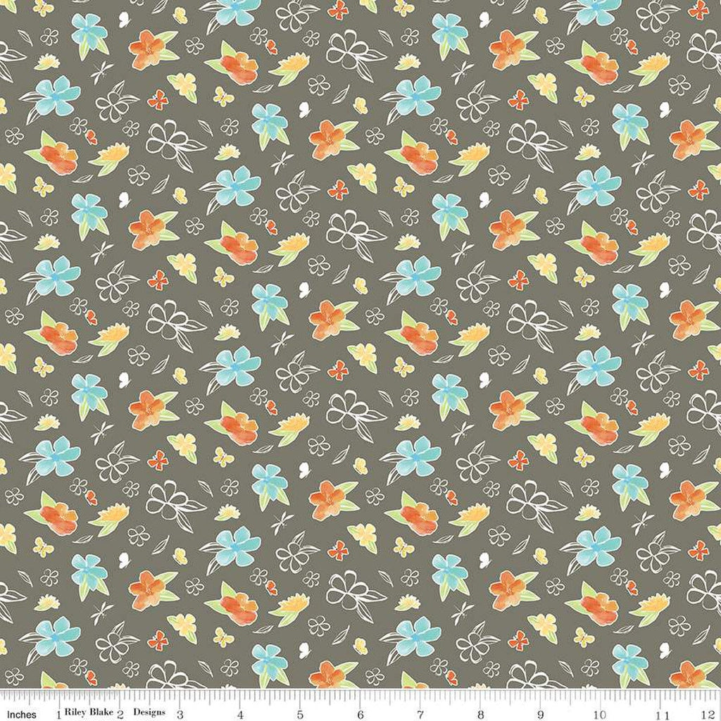 Happy at Home Flowers C13702 Gray - Riley Blake Designs - Floral Butterflies Dragonflies - Quilting Cotton Fabric
