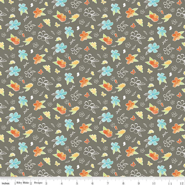 Happy at Home Flowers C13702 Gray - Riley Blake Designs - Floral Butterflies Dragonflies - Quilting Cotton Fabric