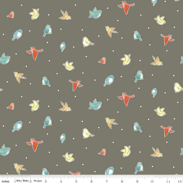 SALE Happy at Home Birds C13703 Gray - Riley Blake Designs - Bird Birds Dots - Quilting Cotton Fabric