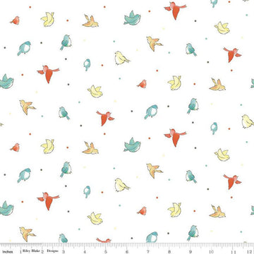 30" End of Bolt - Happy at Home Birds C13703 White - Riley Blake Designs - Bird Birds Dots - Quilting Cotton Fabric