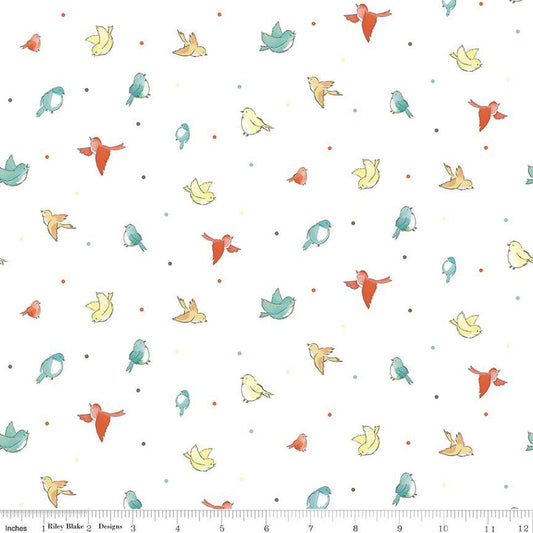 30" End of Bolt - Happy at Home Birds C13703 White - Riley Blake Designs - Bird Birds Dots - Quilting Cotton Fabric