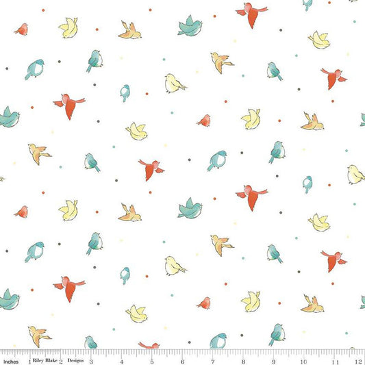 19" End of Bolt - Happy at Home Birds C13703 White - Riley Blake Designs - Bird Birds Dots - Quilting Cotton Fabric
