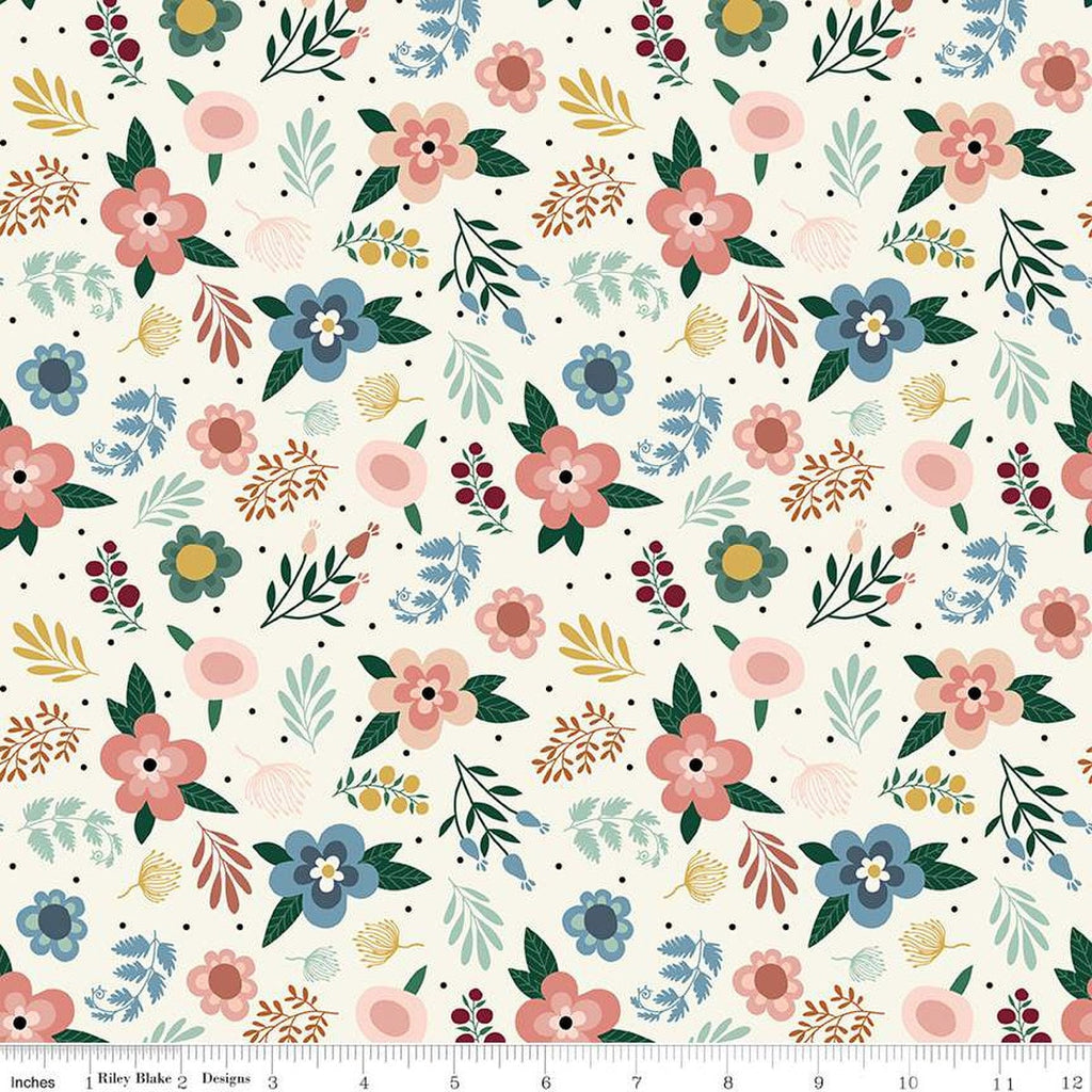SALE Let's Create Main C13690 Cream by Riley Blake Designs - Floral Flowers Leaves Dots - Quilting Cotton Fabric