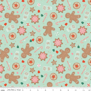 34" End of Bolt - FLANNEL Gingerbread Cookies F13910 Mint - Riley Blake - Christmas Gingerbread Men Sprinkles Candy Canes- FLANNEL Cotton