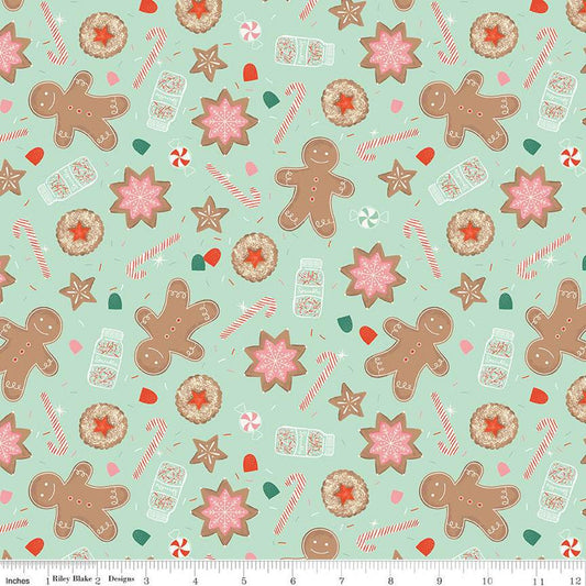 34" End of Bolt - FLANNEL Gingerbread Cookies F13910 Mint - Riley Blake - Christmas Gingerbread Men Sprinkles Candy Canes- FLANNEL Cotton