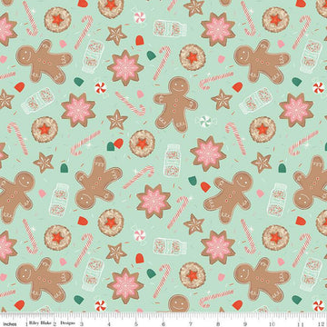 34" End of Bolt - SALE FLANNEL Gingerbread Cookies F13910 Mint - Riley Blake - Christmas Gingerbread Men Sprinkles Canes- FLANNEL Cotton