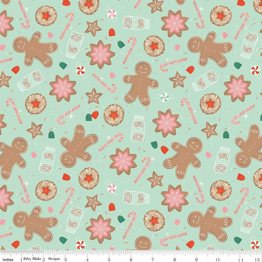 34" End of Bolt - SALE FLANNEL Gingerbread Cookies F13910 Mint - Riley Blake - Christmas Gingerbread Men Sprinkles Canes- FLANNEL Cotton