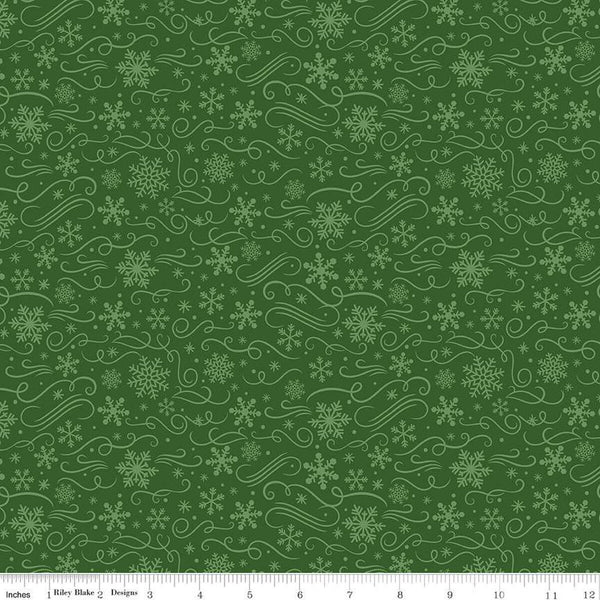 33" End of Bolt - SALE FLANNEL Snowflakes F13907 Green - Riley Blake Designs - Christmas Snowflake Flourishes - FLANNEL Cotton Fabric